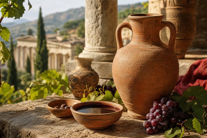 Anfora romana e coppa di vino rosso su un tavolo di pietra, circondate da uva e foglie di vite.